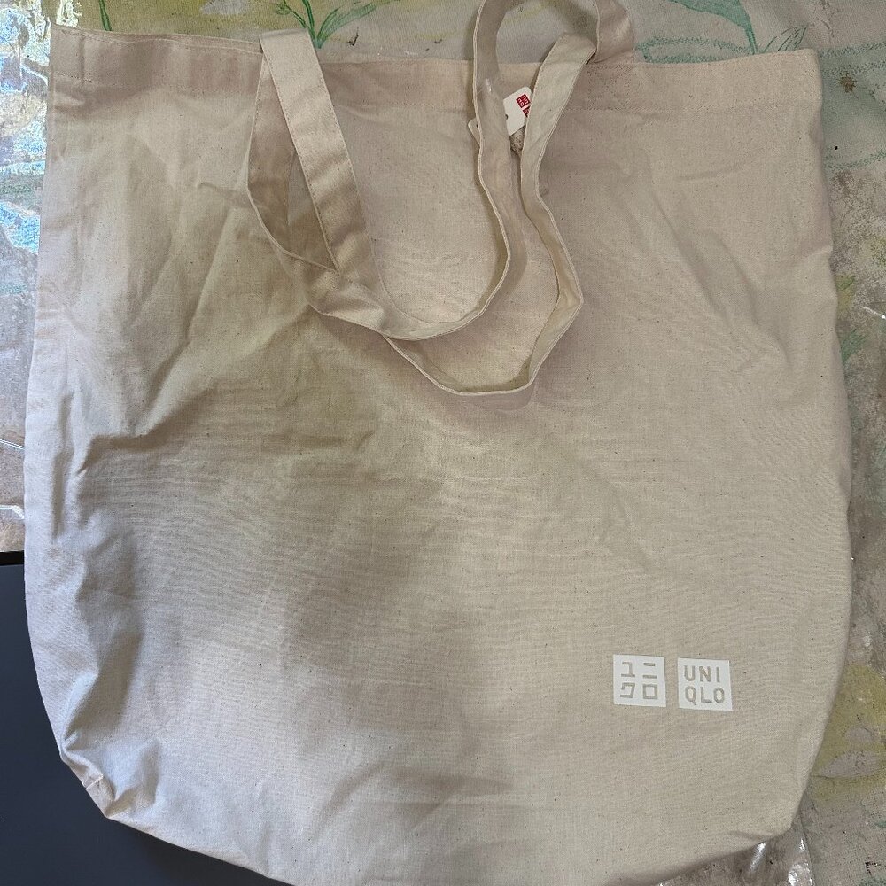 NEW Uniqlo Large Fabric Tote Bag Shopping Beige 17" x 18" x 4"